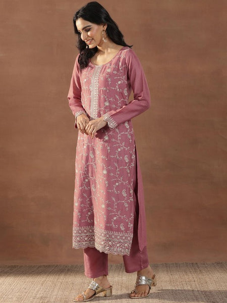 Pink Floral Embroidered Sequinned Straight Kurta With Trousers & Dupatta