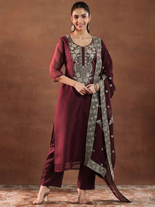 Maroon and Gold Floral Zari Yoke Design Straight Kurta with Trouser & Dupatta