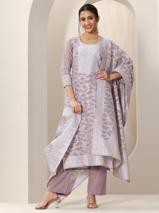Women Floral Thread Work Chanderi Silk Regular Kurta with Trousers & Dupatta Indian Suit Set VitansEthnics