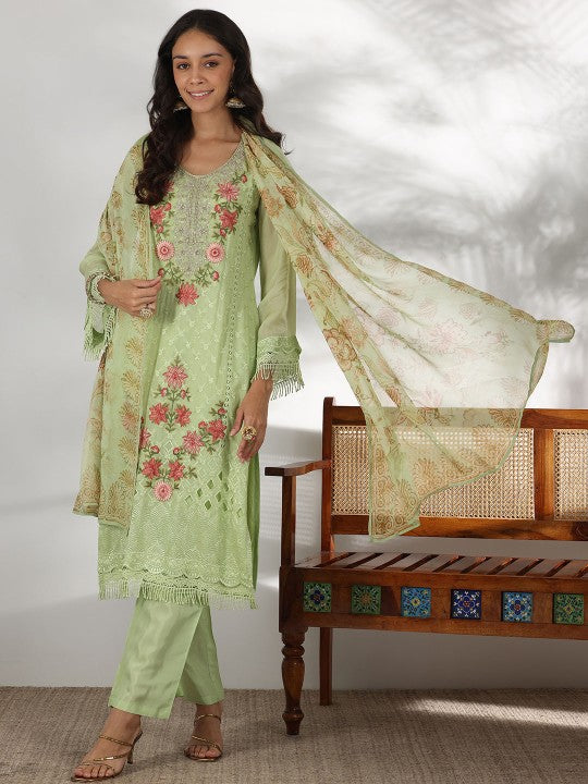 Women Floral Embroidered Thread Work Straight Kurta with Trousers & Dupatta Set