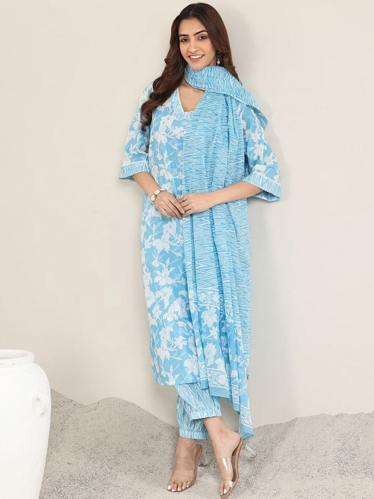 Women Floral Printed V Neck Kurta With Salwar & Dupatta Set VitansEthnics