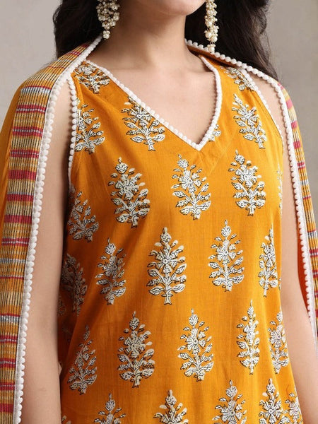 Women Floral Printed V-Neck Pure Cotton Straight Kurta With Palazzos And Dupatta Set VitansEthnics