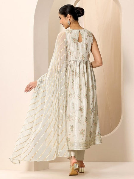 Women Floral Printed Round Neck Sleeveless Anarkali Kurta With Trousers And Dupatta Set VitansEthnics