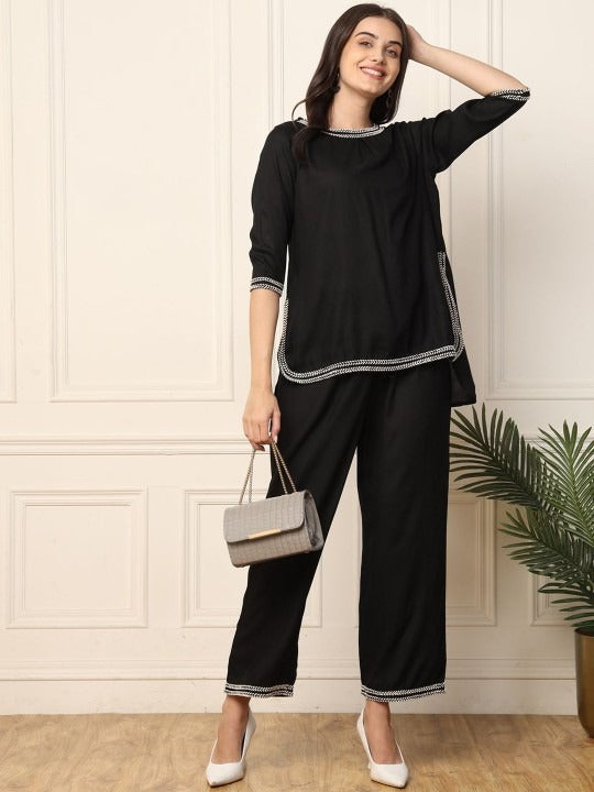 Women Round Neck High Low Top & Trousers Co-Ords Set VitansEthnics