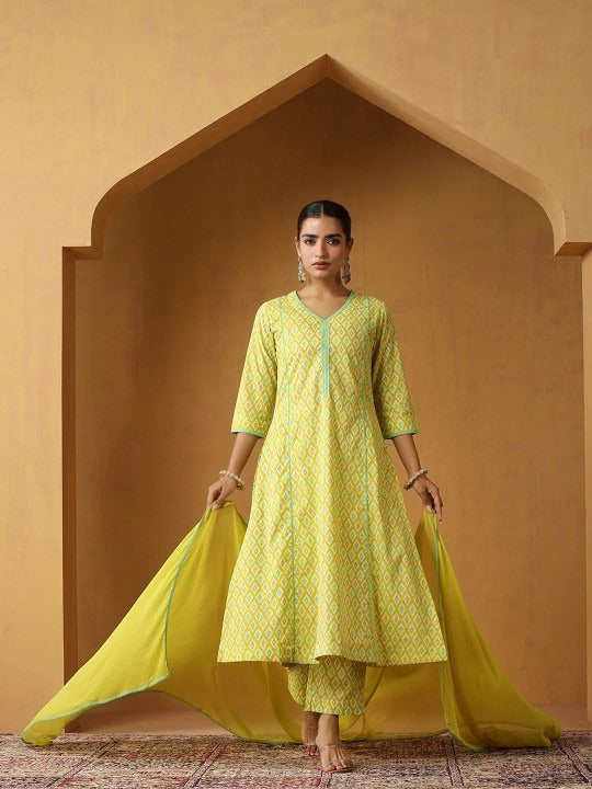 Women Geometric Printed Pure Cotton Straight Kurta With Palazzo And Dupatta Set VitansEthnics