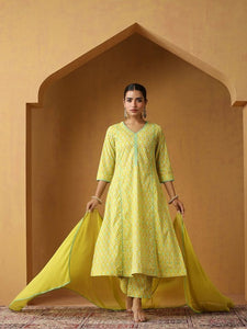 Women Geometric Printed Pure Cotton Straight Kurta With Palazzo And Dupatta Set VitansEthnics