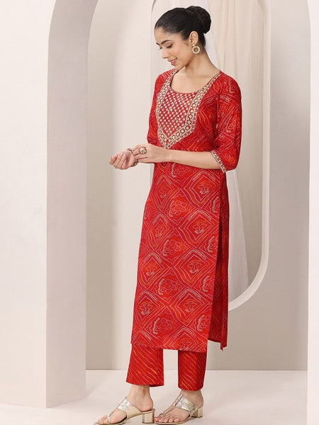 Women Red Bandhani Printed Thread Work Straight Kurta With Trousers & Dupatta Set VitansEthnics