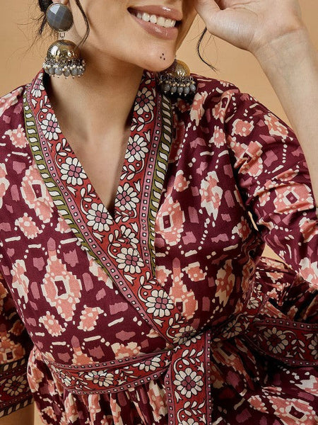 Women Ethnic Printed Pure Cotton Tunic With Trousers Set VitansEthnics
