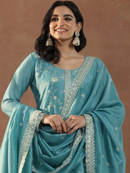 Blue Floral Embroidered Scoop Neck Sequinned Straight Kurta With Trousers & Dupatta