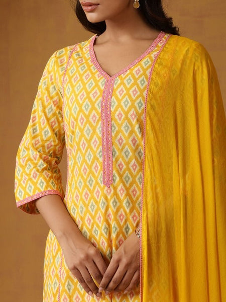 Women Geometric Printed Regular Aline Calf Length Kurta with Palazzos & Dupatta Set VitansEthnics