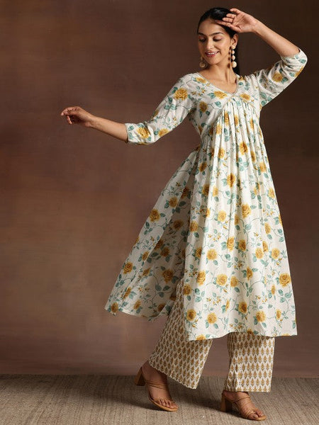 Women Floral Printed Pleated Gotta Patti Pure Cotton A-Line Kurta With Palazzos Set VitansEthnics