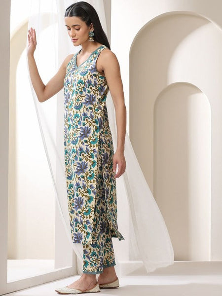 Women Floral Printed V-Neck Pure Cotton Straight Kurta With Trousers & Dupatta Set VitansEthnics