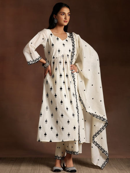 Floral Embroidered Pleated Thread Work Pure Cotton Kurta With Trousers & Dupatta Set