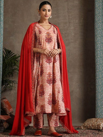 Women Floral Printed Pure Cotton Anarkali Kurta With Palazzos And Dupatta Set VitansEthnics