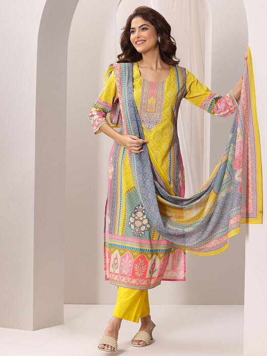 Women Yellow Ethnic Motifs Printed Round Neck Straight Kurta with Trousers & Dupatta Set VitansEthnics