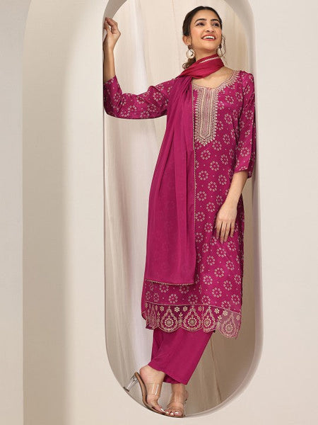 Women Bandhani Printed Round Neck Sequinned Straight Kurta With Trouser & Dupatta Set VitansEthnics