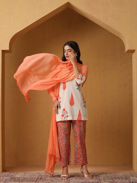 Women Floral Printed Regular Pure Cotton Kurti with Palazzos & Dupatta Set VitansEthnics