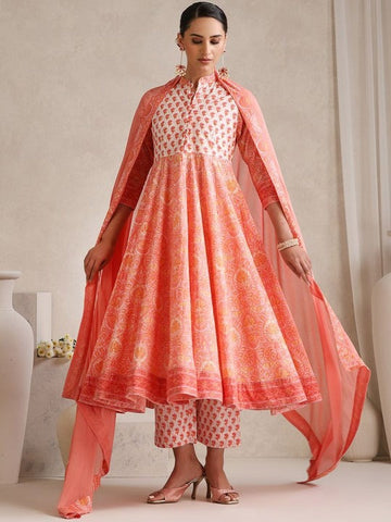 Women Floral Printed Mandarin Collar Pure Cotton Anarkali Kurta & Palazzos & Dupatta VitansEthnics