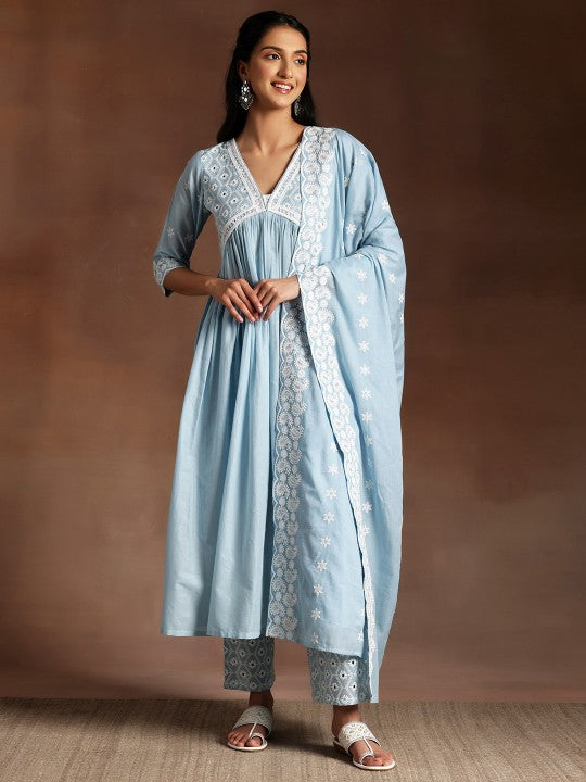 Women Blue Paisley Embroidered V-Neck Flared Thread Work Pure Cotton A-Line Kurta Set VitansEthnics