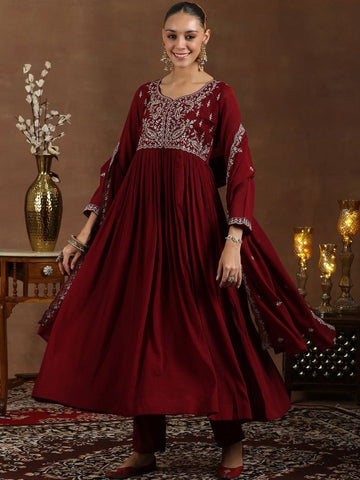 Floral Yoke Design Zari Anarkali Kurta with Trousers & Dupatta Set