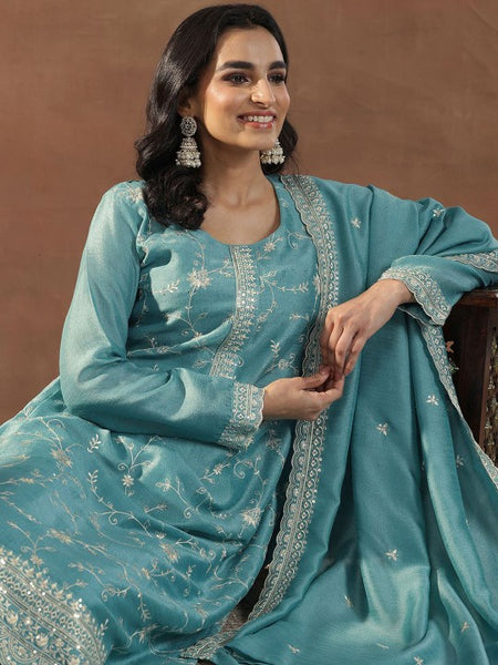 Blue Floral Embroidered Scoop Neck Sequinned Straight Kurta With Trousers & Dupatta