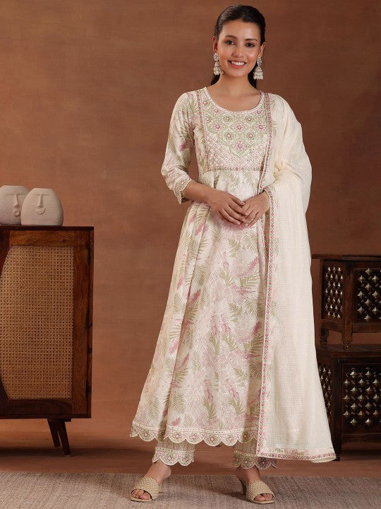 Women Floral Printed Panelled Thread Work Pure Cotton Kurta with Trousers & With Dupatta