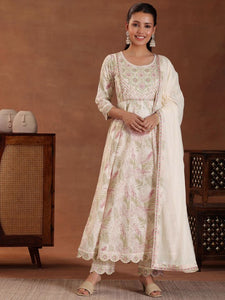 Women Floral Printed Panelled Thread Work Pure Cotton Kurta with Trousers & With Dupatta