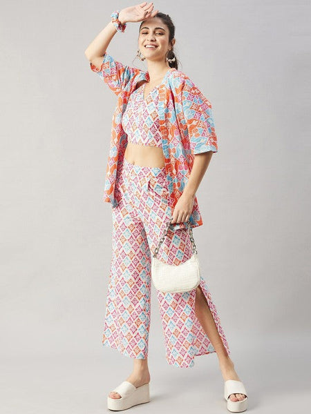 Ethnic Motifs Printed Pure Cotton Top & Trousers With Shrug & Scrunchie Coord Set VitansEthnics