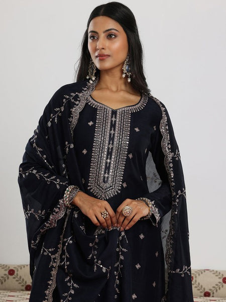 Navy Blue Floral Embroidered Sequinned Straight Kurta with Trouser & Dupatta