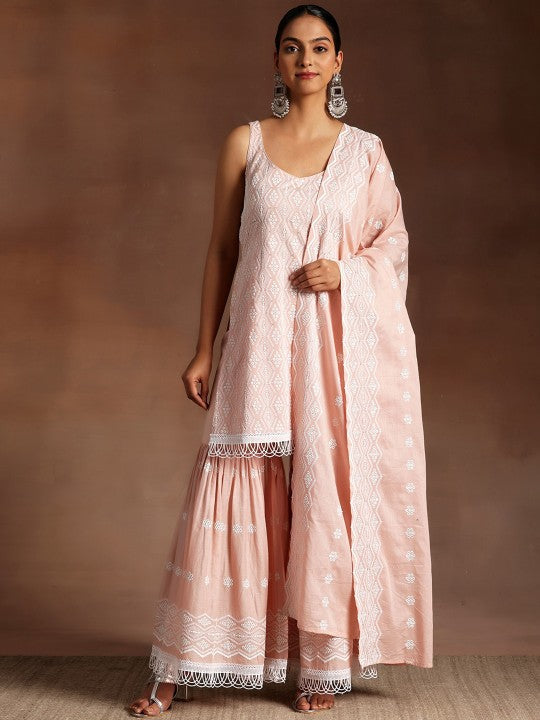 Women Ethnic Motifs Embroidered Sequinned Pure Cotton Kurta with Sharara & Dupatta Set VitansEthnics