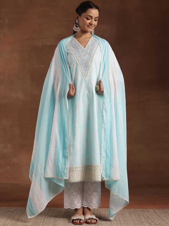 Women Blue Floral Printed Sequinned Pure Cotton Kurta with Trousers & Dupatta