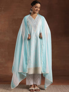 Women Blue Floral Printed Sequinned Pure Cotton Kurta with Trousers & Dupatta