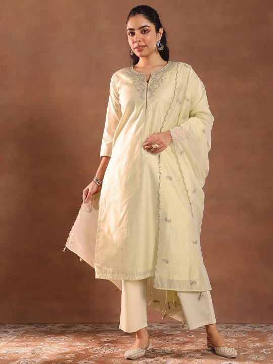 Floral Woven Design Thread Work Chanderi Silk Kurta With Trouser & Dupatta