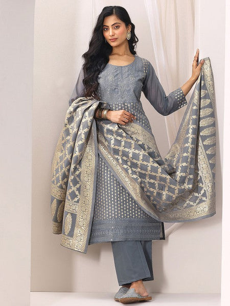 Women Floral Zari Woven Design Chanderi Silk Straight Kurta With Trousers & Dupatta Set VitansEthnics