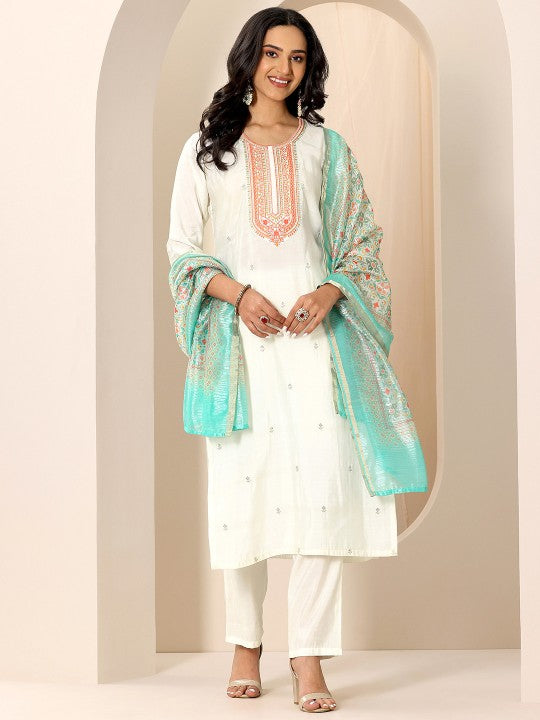 Women Ethnic Motifs Embroidered Round Neck Kurta With Trousers And Dupatta Indian Suit Set VitansEthnics