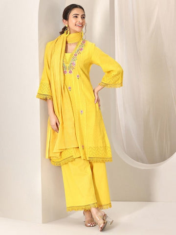 Women Floral Embroidered Square Neck Panelled Mirror Work Kurta With Palazzo & Dupatta Set VitansEthnics