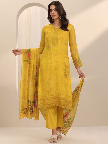 Floral Embroidered V-Neck Schiffli Straight Kurta With Trousers & Dupatta Set VitansEthnics