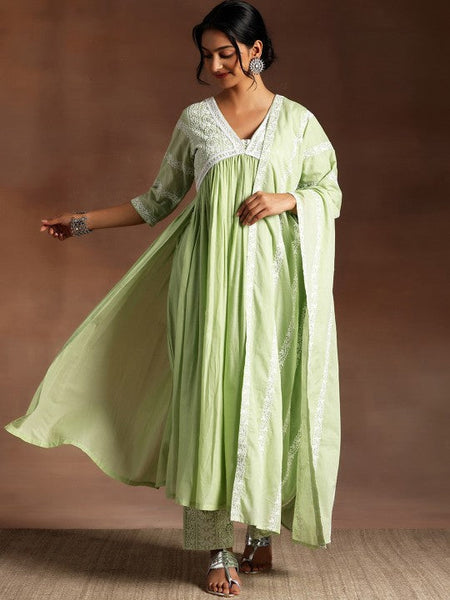 Women Ethnic Motifs High Slit Thread Work Pure Cotton Kurta with Palazzos & Dupatta Set VitansEthnics
