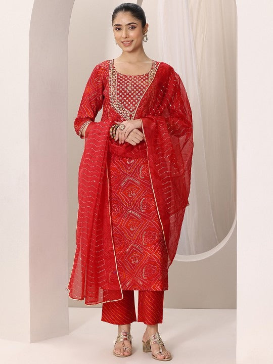Women Red Bandhani Printed Thread Work Straight Kurta With Trousers & Dupatta Set VitansEthnics