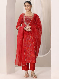 Women Red Bandhani Printed Thread Work Straight Kurta With Trousers & Dupatta Set VitansEthnics