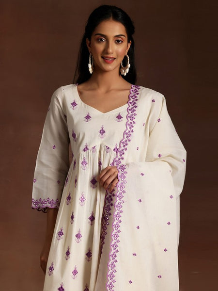 Ethnic Motifs Embroidered Mirror Work Pure Cotton Kurta with Trousers & Dupatta Set