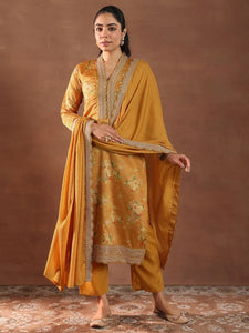 Women Floral Printed V-Neck Thread Work Silk Kurta With Trousers & Dupatta