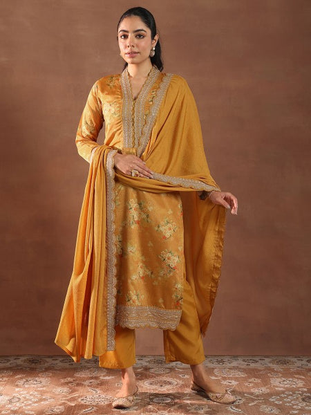 Women Floral Printed V-Neck Thread Work Silk Kurta With Trousers & Dupatta