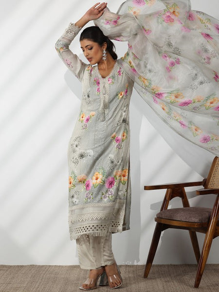 Women Floral Printed V-Neck Thread Work Kurta With Trousers & Dupatta Set