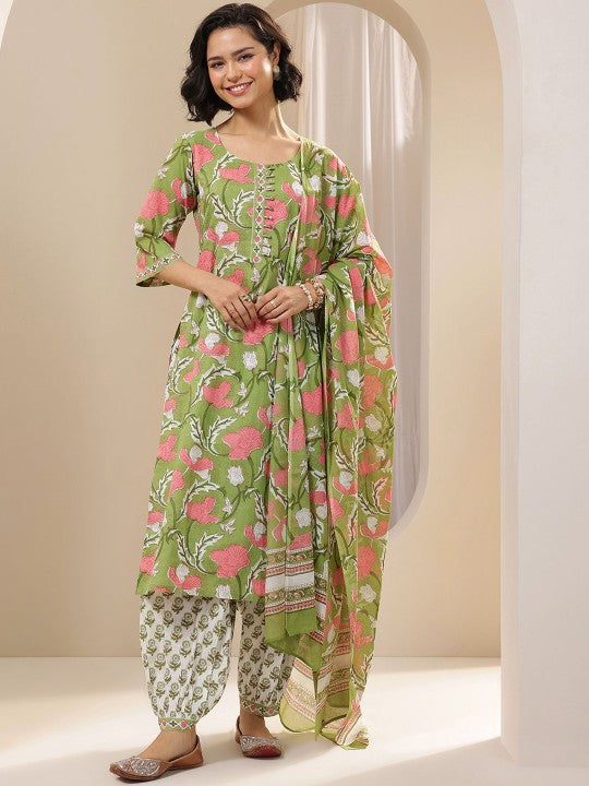 Women Green Floral Printed Regular Kurta with Salwar & With Dupatta Indian Suit Set VitansEthnics