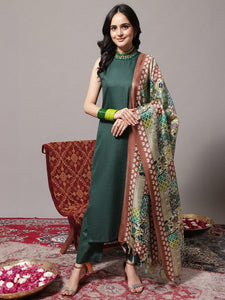 Women Regular Halter Neck Kurta With Trousers & Dupatta Set VitansEthnics