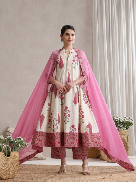 Women Floral Printed Mandarin Collar Pure Cotton Anarkali Kurta & Palazzos & Dupatta Set VitansEthnics
