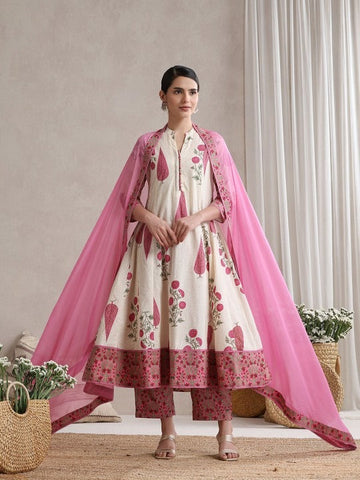 Women Floral Printed Mandarin Collar Pure Cotton Anarkali Kurta & Palazzos & Dupatta Set VitansEthnics