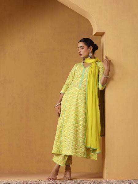 Women Geometric Printed Pure Cotton Straight Kurta With Palazzo And Dupatta Set VitansEthnics