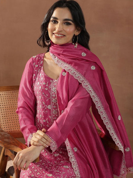 Pink Floral Embroidered Scoop Neck Sequinned Straight Kurta With Trousers & Dupatta